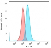 Flow cytometry testing of human Raji cells with CD79a antibody (clone IGA/1688R); Red=isotype control, Blue= CD79a antibody.