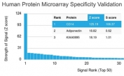 Analysis of HuProt(TM) microarray containing more than 19,000 full-length human proteins using CD14 antibody (clone LPSR/2408). These results demonstrate the foremost specificity of the LPSR/2408 mAb. Z- and S- score: The Z-score represents the strength of a signal that an antibody (in combination with a fluorescently-tagged anti-IgG secondary Ab) produces when binding to a particular protein on the HuProt(TM) array. Z-scores are described in units of standard deviations (SD's) above the mean value of all signals generated on that array. If the targets on the HuProt(TM) are arranged in descending order of the Z-score, the S-score is the difference (also in units of SD's) between the Z-scores. The S-score therefore represents the relative target specificity of an Ab to its intended target.