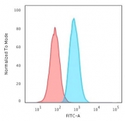 Flow cytometry testing of PFA-fixed human HeLa cells with PCNA antibody (clone PM441-1); Red=isotype control, Blue= PCNA antibody.