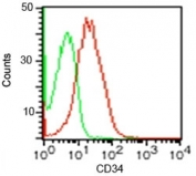 FACS testing of human KG-1 cells with isotype control (green) and CD34 antibody (red).