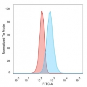 MED21 Antibody Human Glioblastoma Cell FACS. Flow cytometric analysis of PFA-fixed human U-87 MG cells using MED21 Antibody (blue, clone PCRP-MED21-4B5) compared to unstained cells (red). MED21 Antibody, a Transcription Mediator Complex Antibody, demonstrates a positive shift confirming MED21 detection in U-87 MG cells and supporting its use for studying Mediator complex activity, RNA polymerase II transcriptional regulation, and chromatin-associated gene expression pathways.