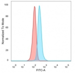 FACS staining of PFA-fixed human HeLa cells with GTF2IRD2 antibody (blue, clone PCRP-GTF2IRD2-1B4), and unstained cells (red).