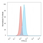 FACS staining of PFA-fixed human U-87 cells with p65 NF-kB antibody (blue, clone PCRP-RELA-1E3), and isotype control (red).