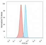 GLIS3 Antibody HeLa Cell FACS. Flow cytometry analysis of PFA-fixed human HeLa cells using GLIS3 Antibody (clone PCRP-GLIS3-1B11, blue) shows a clear rightward shift relative to the isotype control (red), indicating detection of GLIS3 / GLIS family zinc finger 3 expression. The intracellular signal is consistent with localization of this zinc finger transcription factor involved in transcriptional regulation and developmental signaling pathways.