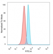 HIC2 Antibody HeLa FACS. Flow cytometry analysis of PFA-fixed human HeLa cells stained with HIC2 Antibody / Transcriptional Regulation Marker (blue, clone PCRP-HIC2-1B1). Isotype control cells are shown in red. The distinct fluorescence shift supports detection of endogenous Hypermethylated in cancer protein 2 / HIC2 expression in HeLa cells, consistent with the broad intracellular distribution expected for a zinc finger transcription-associated regulatory protein involved in nuclear gene expression control and developmental signaling pathways.