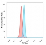 CNOT10 Antibody HeLa FACS. Flow cytometry analysis of PFA-fixed human HeLa cells stained with CNOT10 Antibody demonstrates a distinct right-shifted fluorescence population relative to the isotype control, consistent with CNOT10-associated expression involved in CCR4-NOT complex-mediated RNA metabolism and post-transcriptional regulatory signaling pathways. This CCR4-NOT complex protein antibody supports characterization of transcript-associated regulatory protein expression in epithelial-derived cells. Blue=CNOT10 antibody, Red=isotype control.