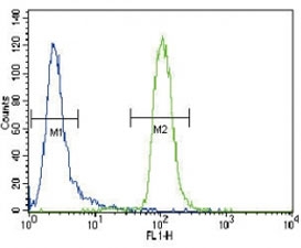 MUSK antibody flow cytometric analysis of CEM cells (right histogram) compared to a negative control cell (left histogram). FITC-conjugated goat-anti-rabbit secondary Ab was used for the analysis.