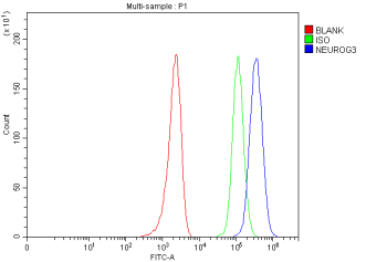 Flow Cytometry analysis of MCF-7 cells using anti-NEUROG3 antibody. Overlay histogram showing MCF-7 cells stained with (Blue line). To facilitate intracellular staining, cells were fixed with 4% paraformaldehyde and permeabilized with permeabilization buffer. The cells were blocked with 10% normal goat serum. And then incubated with rabbit anti-NEUROG3 antibody (1 ug/million cells) for 30 min at 20oC. DyLight 488 conjugated goat anti-rabbit IgG (5-10 ug/million cells) was used as secondary antibody for 30 minutes at 20oC. Isotype control antibody (Green line) was rabbit IgG (1 ug/million cells) used under the same conditions. Unlabelled sample without incubation with primary antibody and secondary antibody (Red line) was used as a blank control.