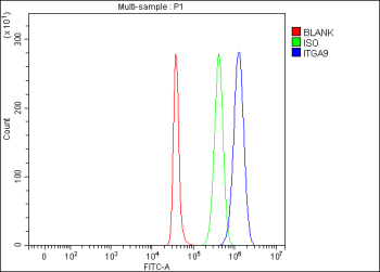 Flow Cytometry analysis of SH-SY5Y cells using anti-ITGA9 antibody. Overlay histogram showing SH-SY5Y cells stained with (Blue line). The cells were fixed with 4% paraformaldehyde and blocked with 10% normal goat serum. And then incubated with rabbit anti-ITGA9 antibody (1 ug/million cells) for 30 min at 20oC. DyLight 488 conjugated goat anti-rabbit IgG (5-10 ug/million cells) was used as secondary antibody for 30 minutes at 20oC. Isotype control antibody (Green line) was rabbit IgG (1 ug/million cells) used under the same conditions. Unlabelled sample (Red line) was also used as a control.