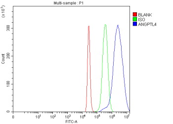 Flow Cytometry analysis of 293T cells using anti-ANGPTL4 antibody. Overlay histogram showing 293T cells stained with (Blue line). The cells were fixed with 4% paraformaldehyde and blocked with 10% normal goat serum. And then incubated with rabbit anti-ANGPTL4 antibody (1 ug/million cells) for 30 min at 20oC. DyLight 488 conjugated goat anti-rabbit IgG (5-10 ug/million cells) was used as secondary antibody for 30 minutes at 20oC. Isotype control antibody (Green line) was rabbit IgG (1 ug/million cells) used under the same conditions. Unlabelled sample (Red line) was also used as a control.