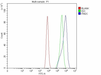 Flow Cytometry analysis of CACO-2 cells using anti-ITM2C antibody. Overlay histogram showing CACO-2 cells stained with (Blue line). The cells were fixed with 4% paraformaldehyde and blocked with 10% normal goat serum. And then incubated with rabbit anti-ITM2C antibody (1 ug/million cells) for 30 min at 20oC. DyLight 488 conjugated goat anti-rabbit IgG (5-10 ug/million cells) was used as secondary antibody for 30 minutes at 20oC. Isotype control antibody (Green line) was rabbit IgG (1 ug/million cells) used under the same conditions. Unlabelled sample without incubation with primary antibody and secondary antibody (Red line) was used as a blank control.