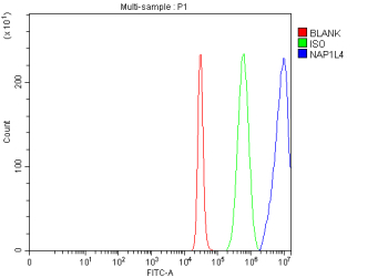 Flow Cytometry analysis of 293T cells using anti-NAP1L4 antibody. Overlay histogram showing 293T cells stained with (Blue line). To facilitate intracellular staining, cells were fixed with 4% paraformaldehyde and permeabilized with permeabilization buffer. The cells were blocked with 10% normal goat serum. And then incubated with rabbit anti-NAP1L4 antibody (1 ug/million cells) for 30 min at 20oC. DyLight 488 conjugated goat anti-rabbit IgG (5-10 ug/million cells) was used as secondary antibody for 30 minutes at 20oC. Isotype control antibody (Green line) was rabbit IgG (1 ug/million cells) used under the same conditions. Unlabelled sample (Red line) was also used as a control.
