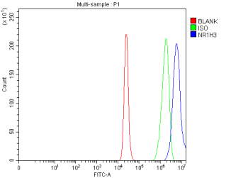 Flow Cytometry analysis of RT4 cells using anti-NR1H3 antibody. Overlay histogram showing RT4 cells stained with (Blue line). To facilitate intracellular staining, cells were fixed with 4% paraformaldehyde and permeabilized with permeabilization buffer. The cells were blocked with 10% normal goat serum. And then incubated with rabbit anti-NR1H3 antibody (1 ug/million cells) for 30 min at 20oC. DyLight 488 conjugated goat anti-rabbit IgG (5-10 ug/million cells) was used as secondary antibody for 30 minutes at 20oC. Isotype control antibody (Green line) was rabbit IgG (1 ug/million cells) used under the same conditions. Unlabelled sample (Red line) was also used as a control.