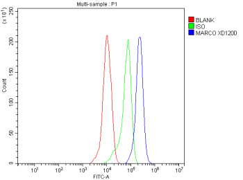Flow Cytometry analysis of THP-1 cells using anti-MARCO antibody. Overlay histogram showing THP-1 cells stained with (Blue line). The cells were fixed with 4% paraformaldehyde and blocked with 10% normal goat serum. And then incubated with rabbit anti-MARCO antibody (1 ug/million cells) for 30 min at 20oC. DyLight 488 conjugated goat anti-rabbit IgG (5-10 ug/million cells) was used as secondary antibody for 30 minutes at 20oC. Isotype control antibody (Green line) was rabbit IgG (1 ug/million cells) used under the same conditions. Unlabelled sample without incubation with primary antibody and secondary antibody (Red line) was used as a blank control.