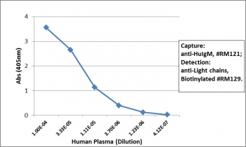 Sandwich ELISA of human plasma using the recombinant Human IgM antibody as the capture (100ng/well), and biotinylated anti-human light chains (Îº+Î») antibody RM129 as the detect, followed by an alkaline phosphatase conjugated streptavidin.