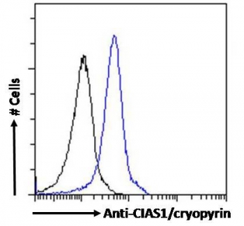 FACS testing of fixed and permeabilized human U937 cells with NALP3 antibody (blue) at 10ug/10^6 cells and naive goat Ig (black).