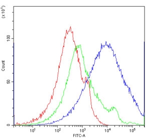 Flow cytometry testing of human PBMC with CD16 antibody at 1ug/million cells (blocked with goat sera); Red=cells alone, Green=isotype control, Blue= CD16 antibody.
