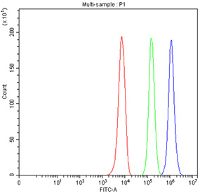 Flow cytometry testing of fixed human U937 cells with CD11b antibody at 1ug/million cells (blocked with goat sera); Red=cells alone, Green=isotype control, Blue=CD11b antibody.