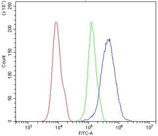 Flow cytometry testing of human 293T cells with PDX1 antibody at 1ug/million cells (blocked with goat sera); Red=cells alone, Green=isotype control, Blue= PDX1 antibody.