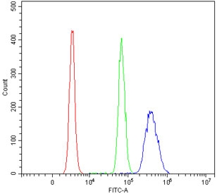 Flow cytometry testing of mouse RAW264.7 cells with Rnf8 antibody at 1ug/million cells (blocked with goat sera); Red=cells alone, Green=isotype control, Blue= Rnf8 antibody.