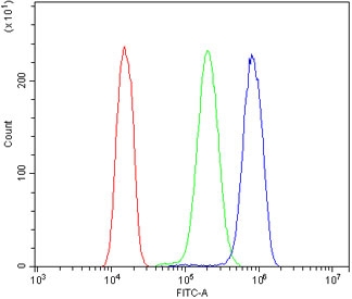 Flow cytometry testing of human A431 cells with EPS15 antibody at 1ug/million cells (blocked with goat sera); Red=cells alone, Green=isotype control, Blue= EPS15 antibody.
