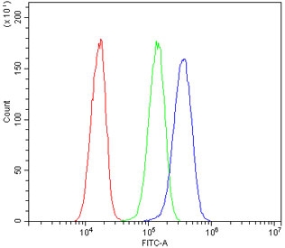 Flow cytometry testing of human HeLa cells with AXL antibody at 1ug/million cells (blocked with goat sera); Red=cells alone, Green=isotype control, Blue= AXL antibody.