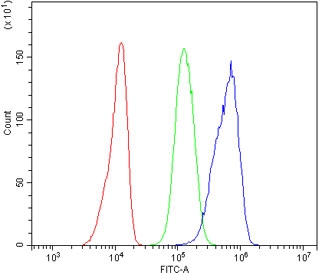Flow cytometry testing of human A431 cells with MASP2 antibody at 1ug/million cells (blocked with goat sera); Red=cells alone, Green=isotype control, Blue= MASP2 antibody.