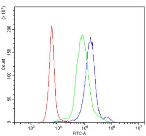 Flow cytometry testing of human PBM cells with IL-23 Receptor antibody at 1ug/million cells (blocked with goat sera); Red=cells alone, Green=isotype control, Blue= IL-23 Receptor antibody.