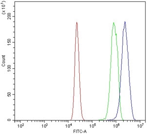 Flow cytometry testing of mouse RAW264.7 cells with Ddit3 antibody at 1ug/million cells (blocked with goat sera); Red=cells alone, Green=isotype control, Blue= Ddit3 antibody.
