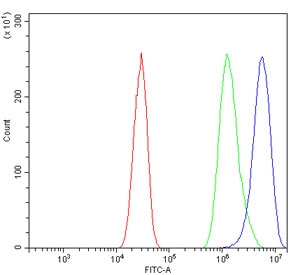 Flow cytometry testing of mouse HEPA1-6 cells with Slc7a9 antibody at 1ug/million cells (blocked with goat sera); Red=cells alone, Green=isotype control, Blue= Slc7a9 antibody.