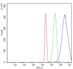 Flow cytometry testing of human HL60 cells with NUP58 antibody at 1ug/million cells (blocked with goat sera); Red=cells alone, Green=isotype control, Blue= NUP58 antibody.