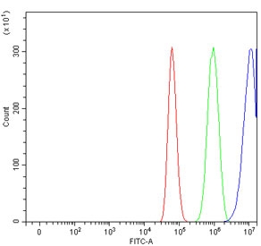 Flow cytometry testing of human U-87 MG cells with CDKN2D antibody at 1ug/million cells (blocked with goat sera); Red=cells alone, Green=isotype control, Blue= CDKN2D antibody.