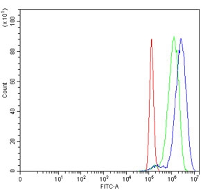 Flow cytometry testing of human PC-3 cells with Bromodomain-containing protein 9 antibody at 1ug/million cells (blocked with goat sera); Red=cells alone, Green=isotype control, Blue= Bromodomain-containing protein 9 antibody.