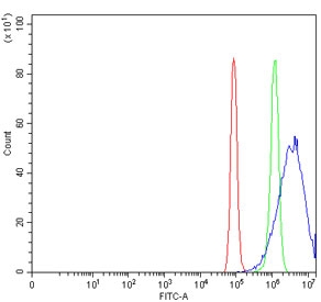 Flow cytometry testing of human PC-3 cells with VPS36 antibody at 1ug/million cells (blocked with goat sera); Red=cells alone, Green=isotype control, Blue= VPS36 antibody.