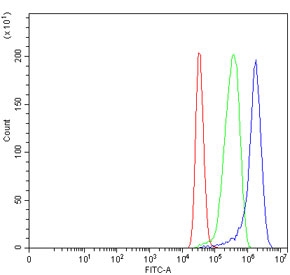 Flow cytometry testing of fixed and permeabilized human MCF7 cells with MST4 antibody at 1ug/million cells (blocked with goat sera); Red=cells alone, Green=isotype control, Blue= MST4 antibody.
