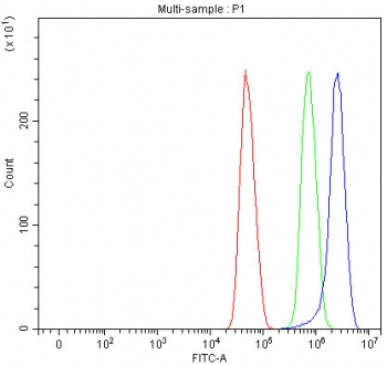 Flow cytometry testing of human U-251 cells with TTI2 antibody at 1ug/million cells (blocked with goat sera); Red=cells alone, Green=isotype control, Blue= TTI2 antibody.