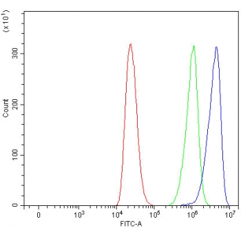 Flow cytometry testing of human ThP-1 cells with EIF4G2 antibody at 1ug/million cells (blocked with goat sera); Red=cells alone, Green=isotype control, Blue= EIF4G2 antibody.