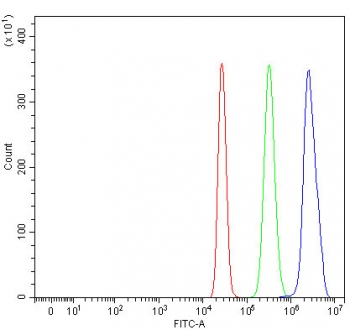 Flow cytometry testing of human HepG2 cells with RNA exonuclease 4 antibody at 1ug/million cells (blocked with goat sera); Red=cells alone, Green=isotype control, Blue= RNA exonuclease 4 antibody.