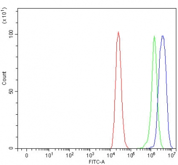 Flow cytometry testing of human Caco-2 cells with OIT3 antibody at 1ug/million cells (blocked with goat sera); Red=cells alone, Green=isotype control, Blue= OIT3 antibody.