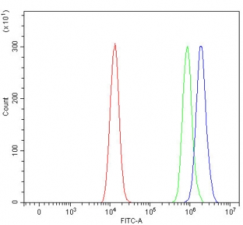 Flow cytometry testing of human HEL cells with SMCR8 antibody at 1ug/million cells (blocked with goat sera); Red=cells alone, Green=isotype control, Blue= SMCR8 antibody.