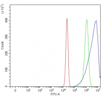 Flow cytometry testing of fixed and permeabilized human U-2 OS cells with Osteomodulin antibody at 1ug/million cells (blocked with goat sera); Red=cells alone, Green=isotype control, Blue= Osteomodulin antibody.