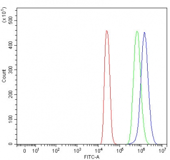 Flow cytometry testing of fixed and permeabilized human 293T cells with TTC39A antibody at 1ug/million cells (blocked with goat sera); Red=cells alone, Green=isotype control, Blue= TTC39A antibody.
