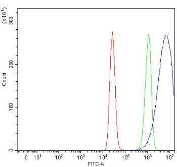 Flow cytometry testing of fixed and permeabilized human MCF7 cells with Ninein antibody at 1ug/million cells (blocked with goat sera); Red=cells alone, Green=isotype control, Blue= Ninein antibody.