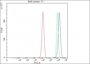 Flow cytometry testing of fixed and permeabilized human PC-3 cells with PAICS antibody at 1ug/million cells (blocked with goat sera); Red=cells alone, Green=isotype control, Blue= PAICS antibody.