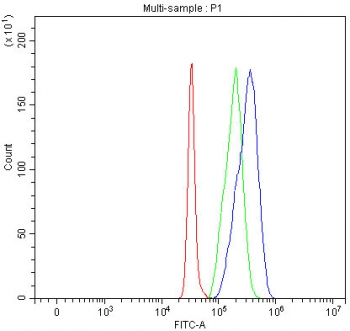 Flow cytometry testing of fixed and permeabilized human SH-SY5Y cells with PXYLP1 antibody at 1ug/million cells (blocked with goat sera); Red=cells alone, Green=isotype control, Blue= PXYLP1 antibody.