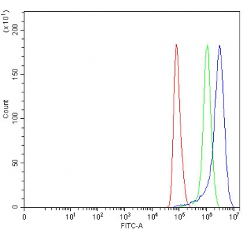 Flow cytometry testing of fixed and permeabilized human HeLa cells with Palmdelphin antibody at 1ug/million cells (blocked with goat sera); Red=cells alone, Green=isotype control, Blue= Palmdelphin antibody.