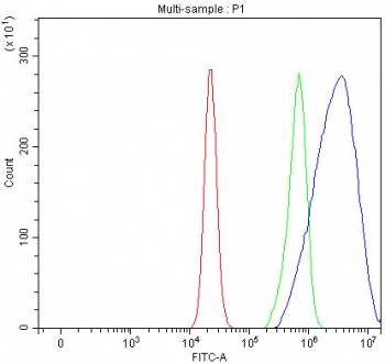 Flow cytometry testing of fixed and permeabilized human RT4 cells with LPAR3 antibody at 1ug/million cells (blocked with goat sera); Red=cells alone, Green=isotype control, Blue= LPAR3 antibody.