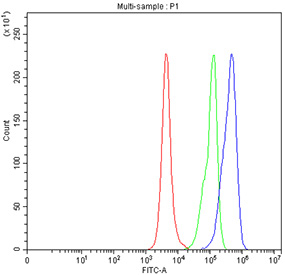 Flow cytometry testing of fixed mouse RAW264.7 cells with Cd163 antibody at 1ug/million cells (blocked with goat sera); Red=cells alone, Green=isotype control, Blue= Cd163 antibody.