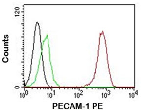 FACS testing of Jurkat cells: Black=cells alone; Green=isotype control; Red= PE conjugated PECAM-1 antibody (clone C31.7)