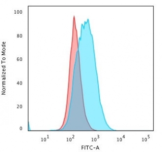 Flow cytometry testing of human Raji cells with HLA-DPB1 antibody (clone SPM421); Red=isotype control, Blue= HLA-DPB1 antibody.